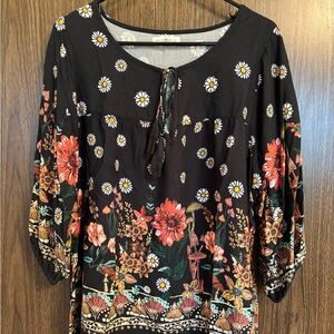 NATURAL LIFE Black Blouse with Red and White Floral Design
